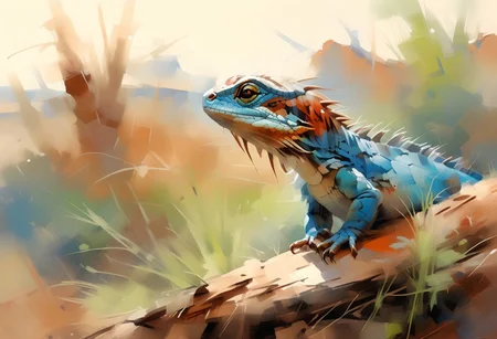 close up, macro photography of a turquoise lizard on a flat red ocre rock, several tones of blue scales, deep red grainy rocks, soft and delicate grass, small dark red peebles, deep rich ocre palette, hight contrast tones, deep tone, navajo sacred land, blazing sunset, watercolor, deep tones, oil and watercolor painting