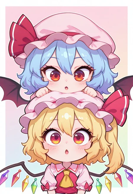 incredibly_absurdres, amazing_background, best quality, pastel_colors, bright_colors, colorful, soft_colors, chibi, white border, open mouth, kawaii_babes_style, SNRA-illu,
2girls, group portrait, zzRemilia, red eyes, blue hair, short hair, hat, ribbon, wings, ascot, hat ribbon, zzFlandre, red eyes, blonde hair, one side up, hair between eyes, mob cap,
