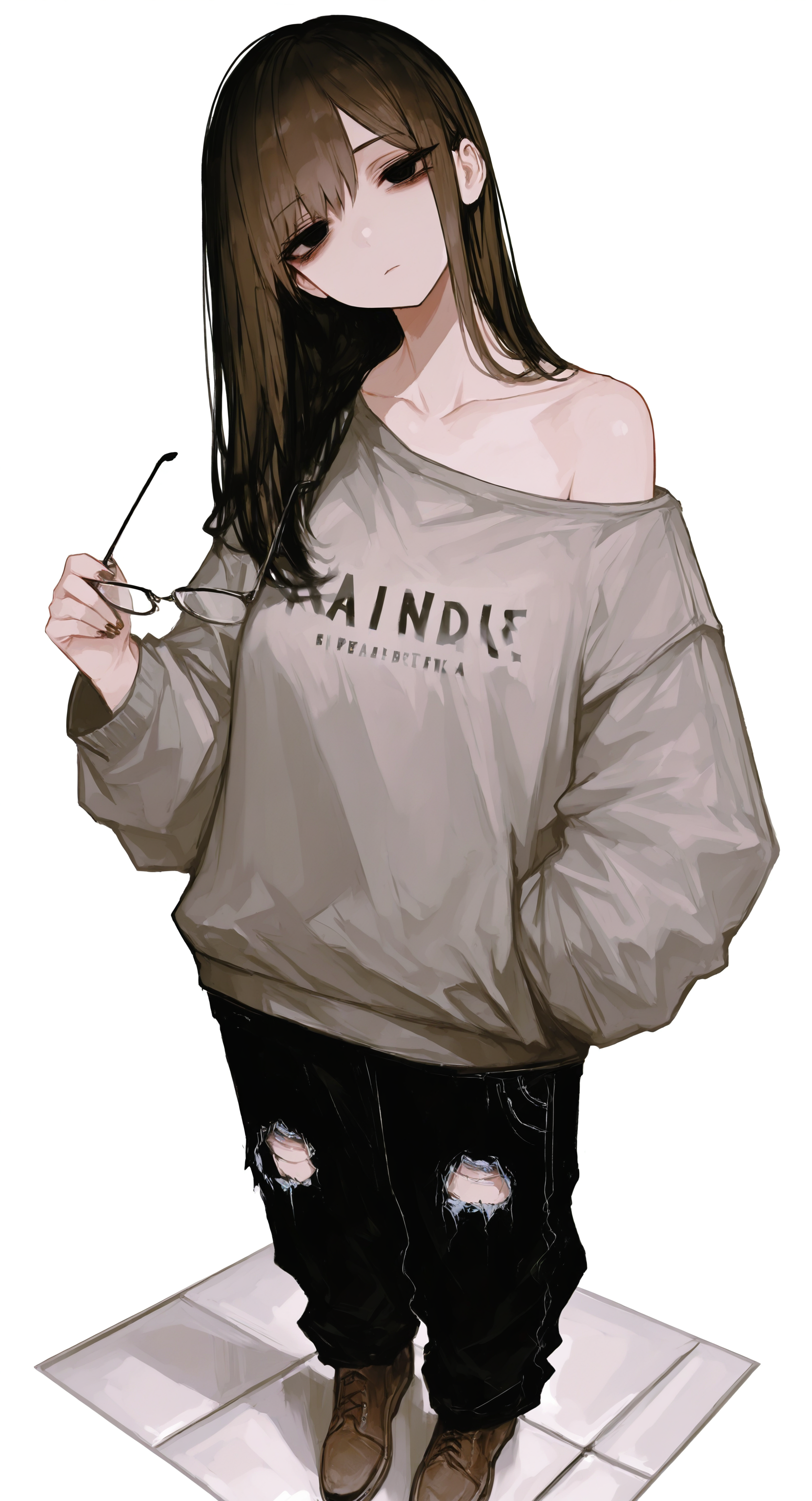 masterpiece, best quality, good quality, very aesthetic, absurdres, newest,1girl, solo, long hair, looking at viewer, simple background, shirt, brown hair, long sleeves, white background, holding, standing, collarbone, full body, shoes, glasses, pants, off shoulder, nail polish, black eyes, english text, fingernails, head tilt, torn clothes, black pants, brown footwear, grey shirt, clothes writing, hand in pocket, tiles, tile floor, unworn eyewear, single bare shoulder, oversized clothes, grey sweater, torn pants, holding removed eyewear, torn jeans, baggy clothes, @_@, spiral-only eyes, blank_stare, <lora:ponyv5_noobV065S_1_adamW-000013:0.7> <lora:USNR_STYLE_XL_lokr:0.45> <lora:745cmSDXLvpred75S:0.7>