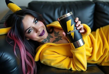A high-definition photo of a beautiful 20yo goth girl, wearing Pikachu onesie, holding coffee mug. She is laying on a black leather couch, in a seductive relaxed pose, barefoot, smiling. The girl has black hair with pink and purple highlights, framing her beautiful face. Her stunning blue eyes are accentuated by her black eyeshadow. Her lipstick is black and metallic purple. She has visible, vivid, intricate tattoos. The large steel mug bares a yellow lightning bolt logo with 'Buzz Queen' in large letters.
8k detail, full body