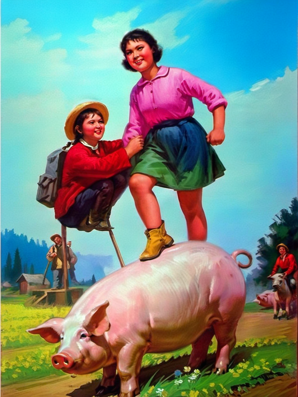 old country style painting, best quality,  masterpiece,  A girl rides a very large pig<lora:æ§å½é£:0.8>