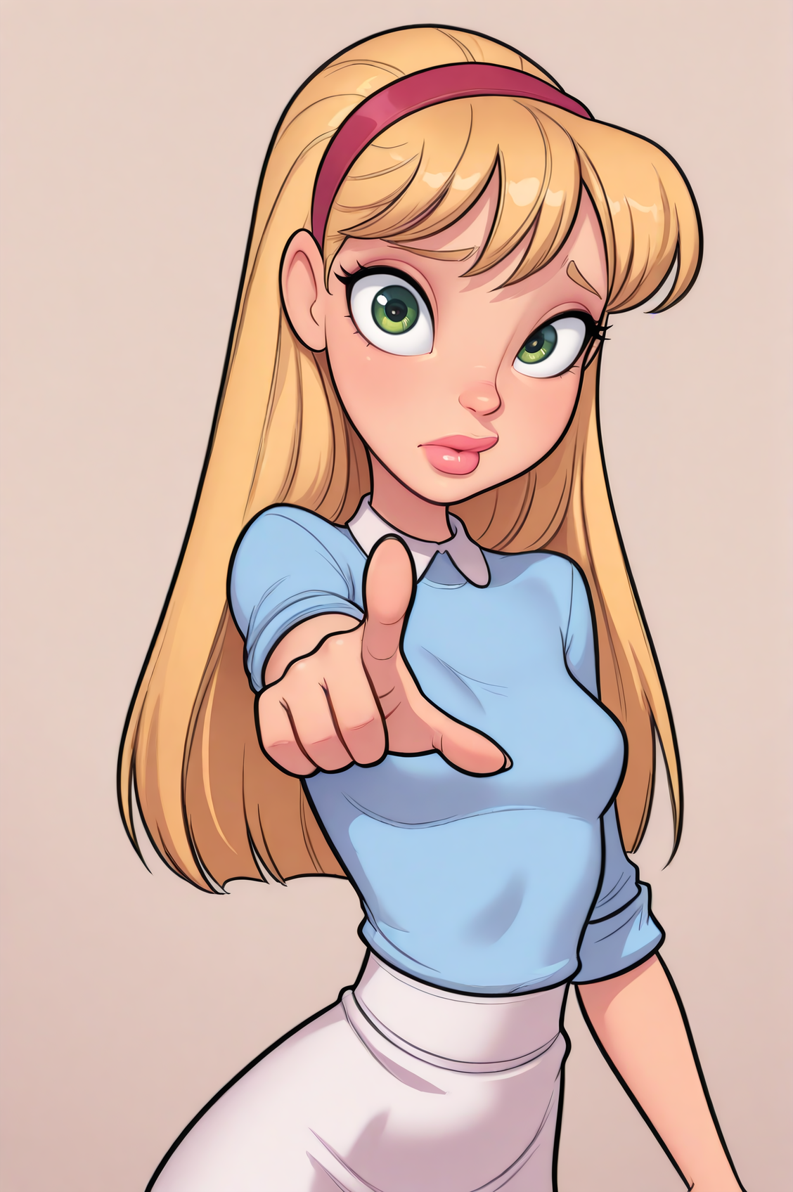 masterpiece, best quality, absurdres,
 <lora:NatAyPapiIllustrious1.0JLFO:0.9> nat, hairband, blonde hair, long hair, green eyes,
1girl, cute, big eyes, small breasts, blue shirt, white collar, long sleeves, sleeves rolled up, white skirt, pointing at viewer, furrowed brow, lips,
