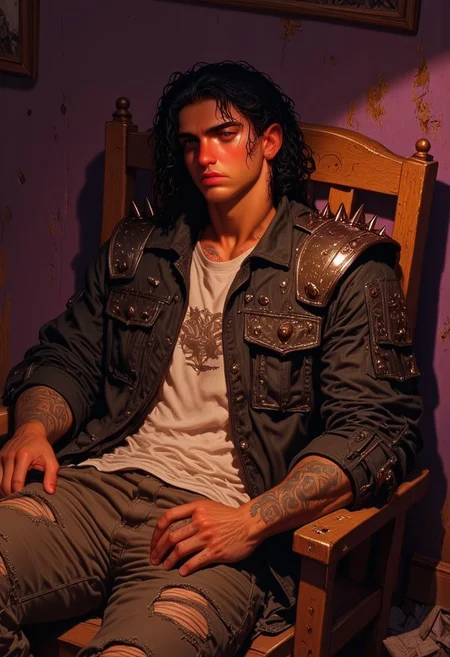 score_9, score_8_up, score_7_up, best quality, fine detail, digital painting, 1boy, solo, long curly wet black hair, muscular, black leather jacket with spikes, shoulder pad, handsome, sitting in a green chair, from above, wearing ripped jeans, wrinkled clothing, worn out tattered clothing, relaxing, carefree, melancholy, very detailed background, gritty, purple background, chipped paint, dark blue lighting, deep shadows, vivid detail, perfect hands, interesting composition, 8K, UHD, goonguy, goonstyle