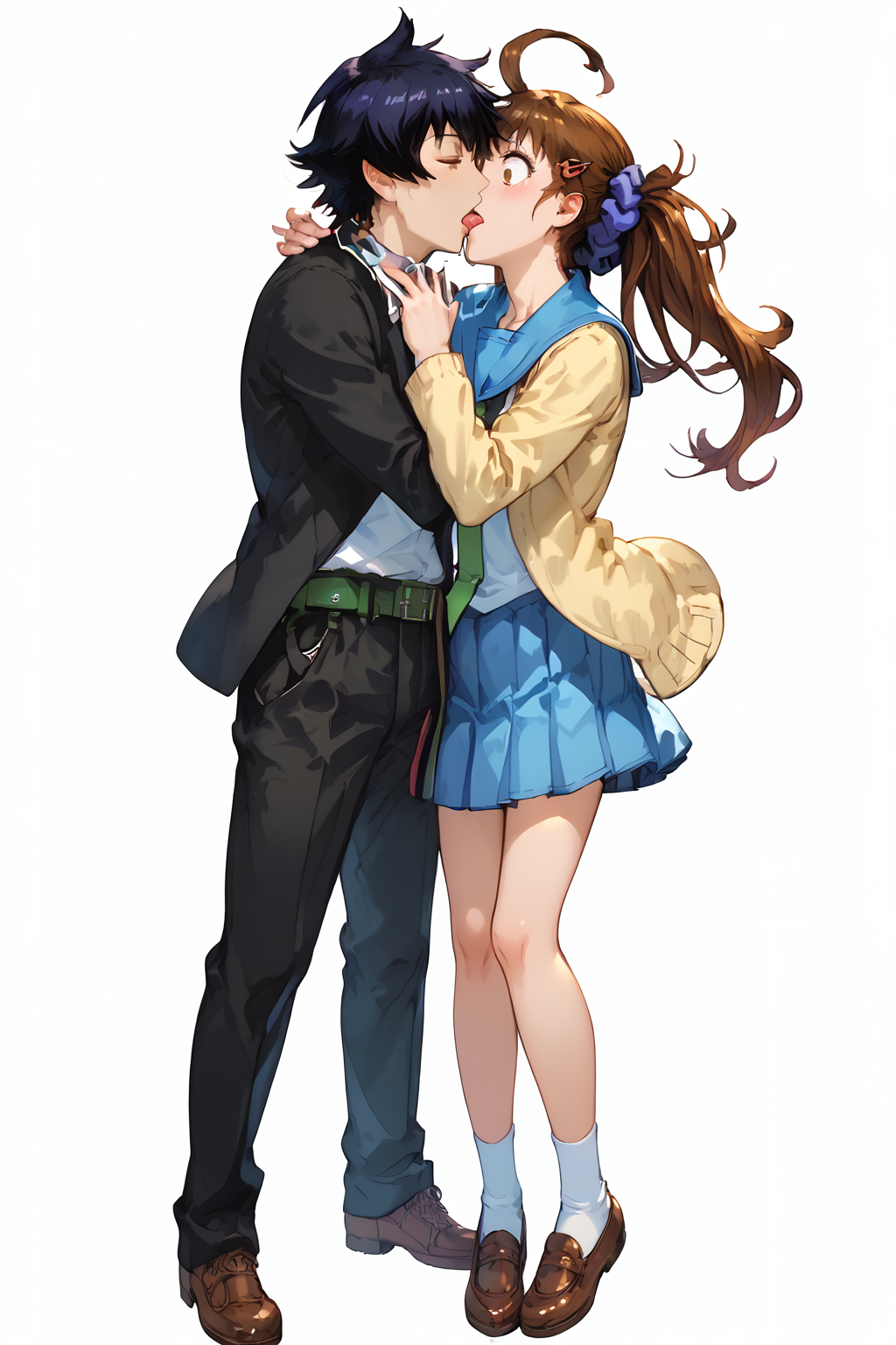 score_9, score_8_up, score_7_up, score_6_up, source_anime, 1boy,1girl, hetero, tsk1ck1x, tongue suck, tongue out, kiss, simple background ,full body,boy forcing a girl,
(1girl,onodera haru),   (1boy,  Ichijou Raku), deep kiss, kiss, head tilt, hug,,<lora:Granblue_Fantasy_PSXL:.4> <lora:TongueSuckPony:.4> tsk1ck1x, tongue suck, tongue out, kiss
BREAK
<lora:Degen-ichijou_raku_PDXL:.8> Ichijou Raku, school uniform, collared shirt, belt, black pants, black jacket, school uniform, collared shirt, belt, black pants, short sleeves,closed eyes,
BREAK
<lora:[P]Onodera Haru_v1:.9> deraharu, ahoge, side ponytail, hair scrunchie, hairclip, blue sailor collar, school uniform, yellow cardigan, open cardigan, necktie, blue pleated skirt, blue sailor collar, school uniform, white shirt, necktie, blue pleated skirt,surprised,