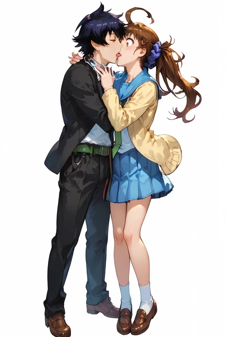 score_9, score_8_up, score_7_up, score_6_up, source_anime, 1boy,1girl, hetero, tsk1ck1x, tongue suck, tongue out, kiss, simple background ,full body,boy forcing a girl,
(1girl,onodera haru),   (1boy,  Ichijou Raku), deep kiss, kiss, head tilt, hug,,<lora:Granblue_Fantasy_PSXL:.4> <lora:TongueSuckPony:.4> tsk1ck1x, tongue suck, tongue out, kiss
BREAK
<lora:Degen-ichijou_raku_PDXL:.8> Ichijou Raku, school uniform, collared shirt, belt, black pants, black jacket, school uniform, collared shirt, belt, black pants, short sleeves,closed eyes,
BREAK
<lora:[P]Onodera Haru_v1:.9> deraharu, ahoge, side ponytail, hair scrunchie, hairclip, blue sailor collar, school uniform, yellow cardigan, open cardigan, necktie, blue pleated skirt, blue sailor collar, school uniform, white shirt, necktie, blue pleated skirt,surprised,