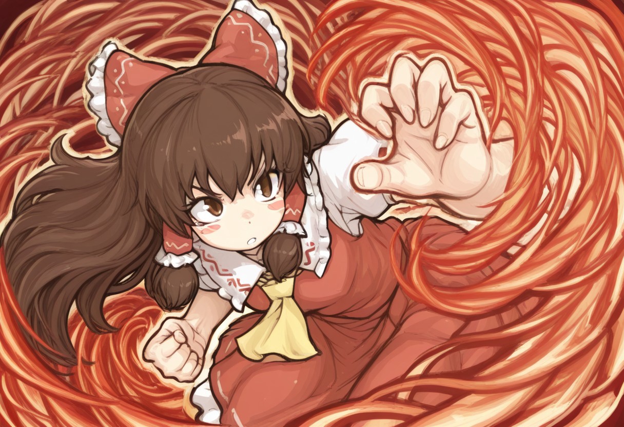 best quality, masterpiece,
aura,
1girl, solo, kanna \(cookie\), (hakurei reimu:0.5),
brown hair, long hair, blush stickers,
floating hair, floating clothes,
fire, tornado, fighting stance, dynamic pose,
clenched hand, curled fingers,