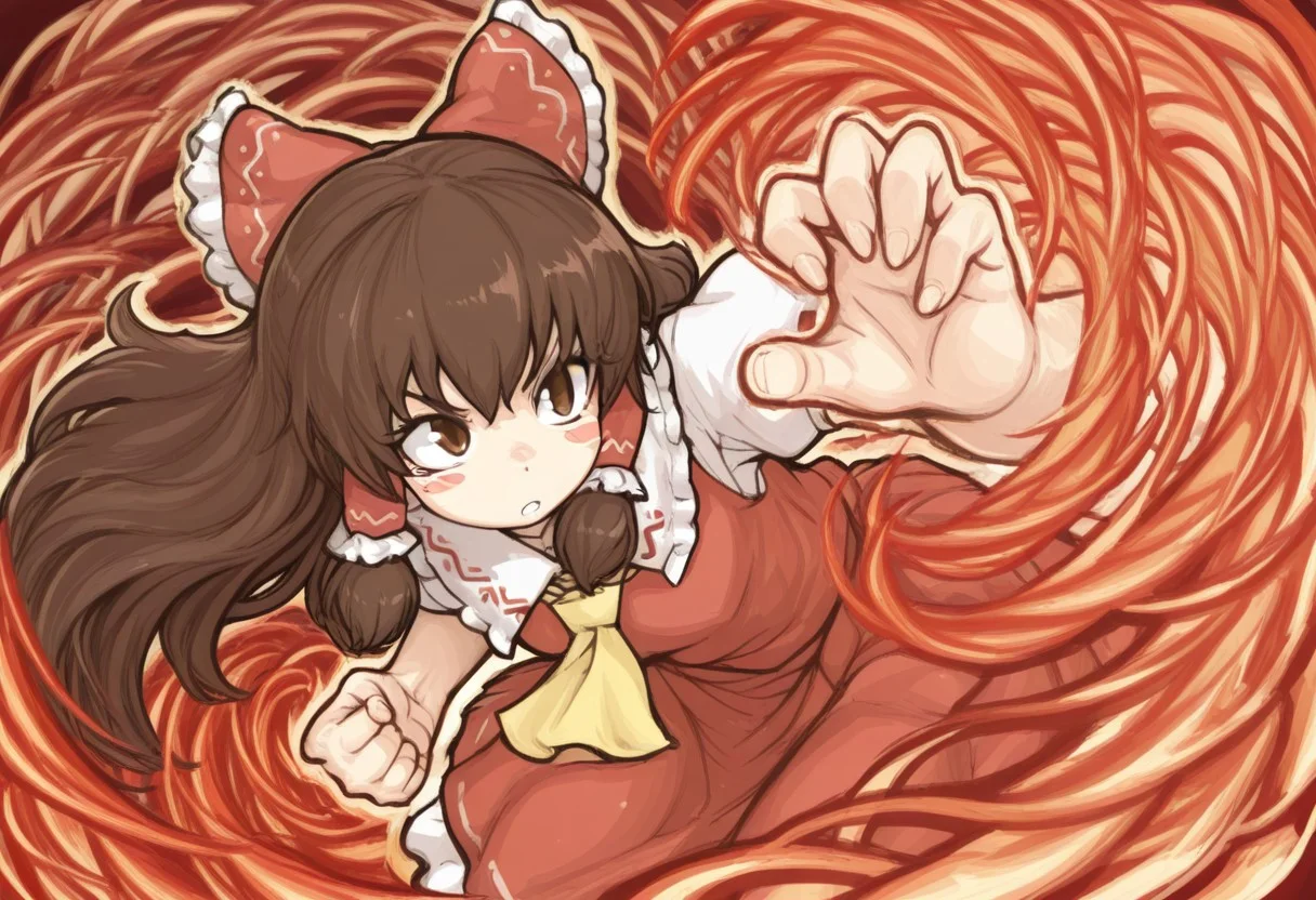 best quality, masterpiece,
aura,
1girl, solo, kanna \(cookie\), (hakurei reimu:0.5),
brown hair, long hair, blush stickers,
floating hair, floating clothes,
fire, tornado, fighting stance, dynamic pose,
clenched hand, curled fingers,
