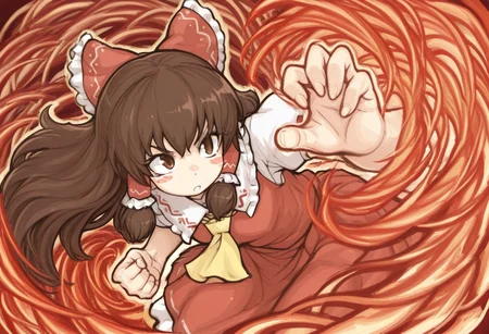 best quality, masterpiece,
aura,
1girl, solo, kanna \(cookie\), (hakurei reimu:0.5),
brown hair, long hair, blush stickers,
floating hair, floating clothes,
fire, tornado, fighting stance, dynamic pose,
clenched hand, curled fingers,