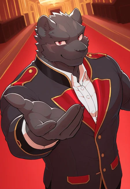 masterpiece, best quality, amazing quality, 1boy, solo, male focus, muscular male, furry male, bara, panther boy, theo_prinz, uniform, extended hand, confident smile, ballroom, grand hall, dance invitation, looking at viewer, dutch angle, from above, close up, upper body shot