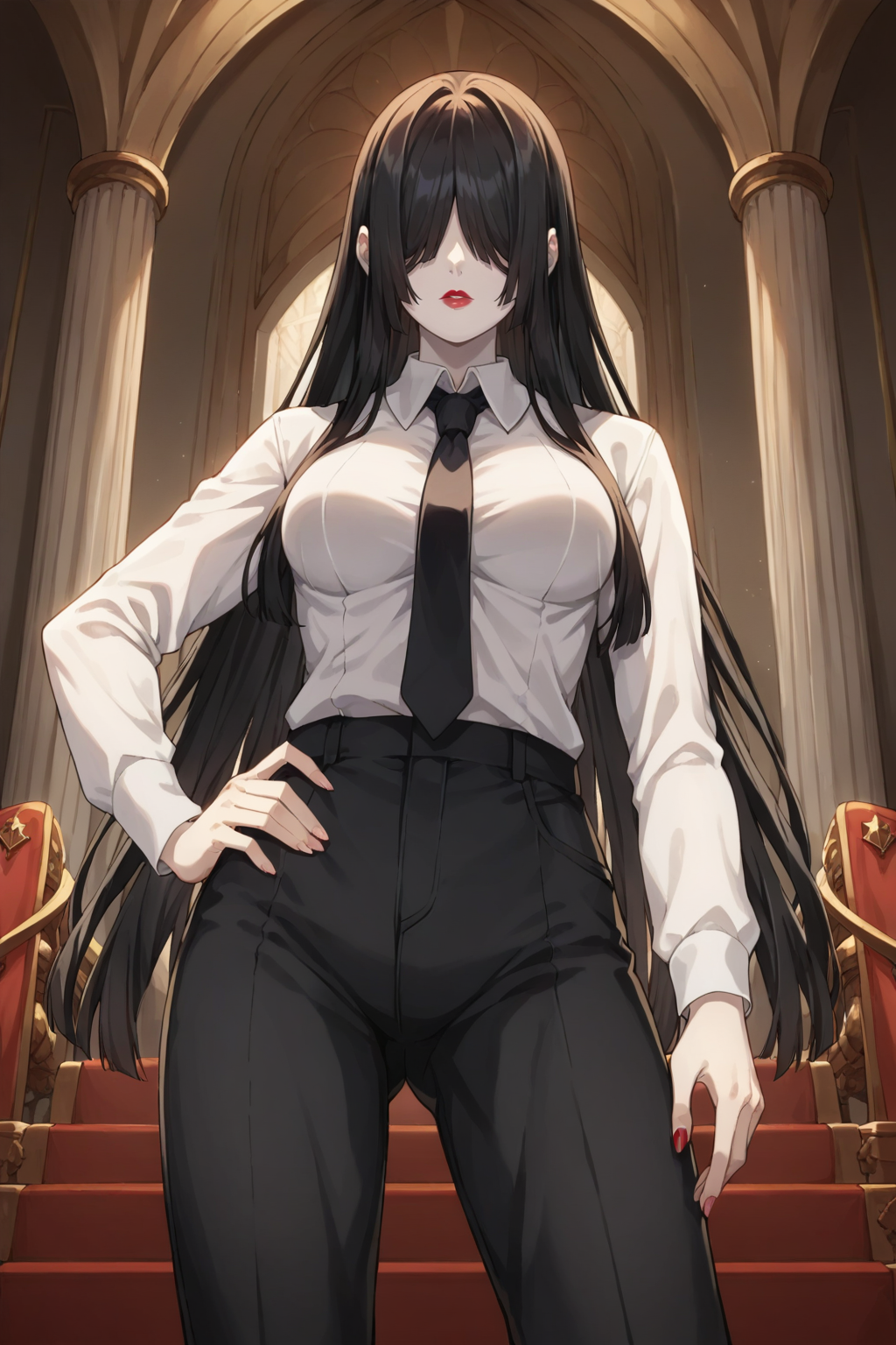 score_9, score_8_up, score_7_up, source_anime, 1girl, prefect lighting, very aesthetic, intricate details, highly detailed background, masterpiece, high quality, prefect hands, best quality, solo,
<lora:Nakime_Demon_Slayer_V1:.75>, kjonakime, black hair, long hair, bangs over eyes, pale skin, red lipstick, 
White collared shirt, black necktie, black pants, long sleeves, 
standing, hand on own hip, from below, looking at viewer, upper body, 
throne room, throne, red carpet, stairs, pillars, curtains,
(Beautiful, medium Breasts:1.2), natural breasts,