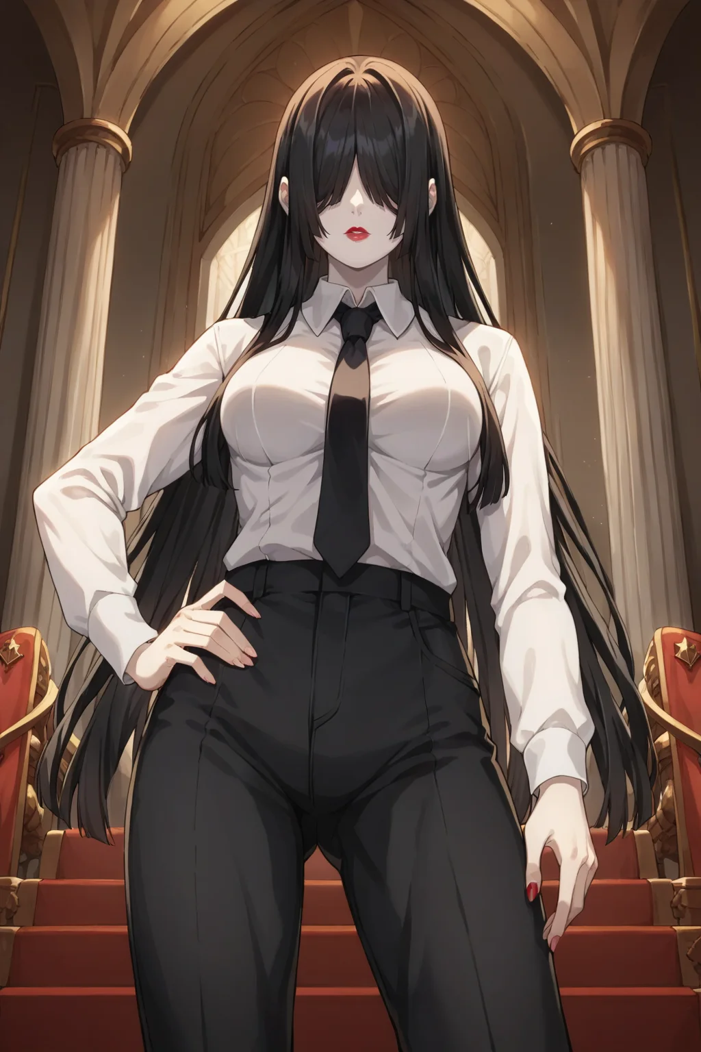 score_9, score_8_up, score_7_up, source_anime, 1girl, prefect lighting, very aesthetic, intricate details, highly detailed background, masterpiece, high quality, prefect hands, best quality, solo,
<lora:Nakime_Demon_Slayer_V1:.75>, kjonakime, black hair, long hair, bangs over eyes, pale skin, red lipstick,
White collared shirt, black necktie, black pants, long sleeves,
standing, hand on own hip, from below, looking at viewer, upper body,
throne room, throne, red carpet, stairs, pillars, curtains,
(Beautiful, medium Breasts:1.2), natural breasts,