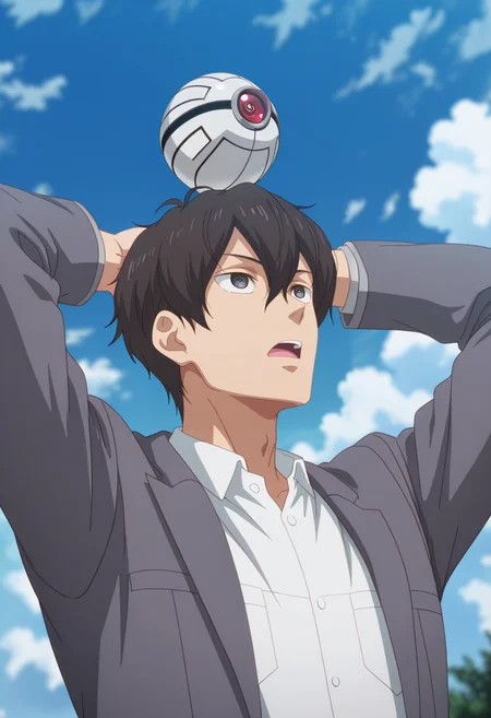 masterpiece, best quality, amazing quality,high resolution,intricate details,official style,depth of field anime coloring , , , 1boy, solo, male focus,  <lora:Leon_Fou_Bartfort:0.98>,leon fou batfort,black eyes,black hair,short hair,open mouth, shirt, long sleeves, hair between eyes, jacket, white shirt, upper body, outdoors, sky, open clothes,collared shirt,grey sleeve, day, cloud, blue sky, arms behind head, cloudy sky, looking up,white robot,small ball,red lens,Artificial intelligence, grey jacket,from below