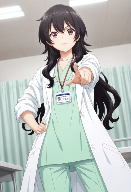 masterpiece, best quality,  absurdres, highres, cinematic light, 1girl,  <lora:takao_ameku:1> takao_wz, long hair, black hair, brown eyes, lab coat, white coat, green medical scrubs, green capri pants, lanyard, id card, standing, looking at viewer, light smile, hand on own hip, pointing at viewer, indoors, hospital, chair, desk, dynamic angle,  ceiling light, white, blurry edges, depth of field,  <lora:anime_screencap-Illustrious_1064755:1> anime screencap, anime coloring