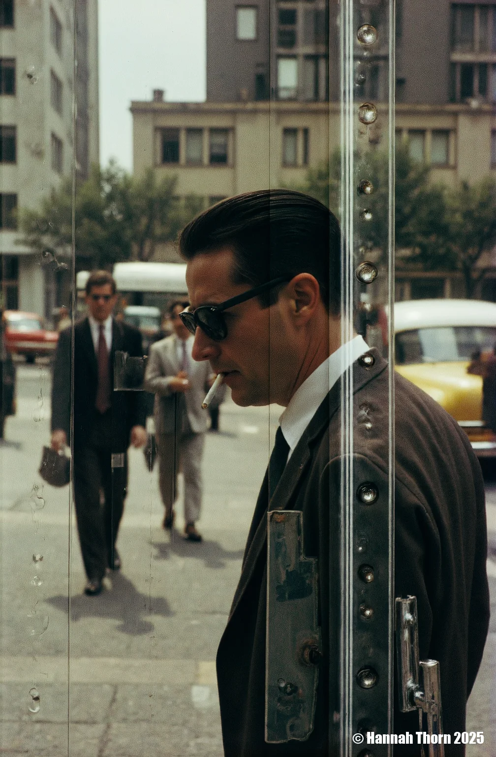 The picture is a street photograph taken through a reflective glass surface. It depicts a man in profile, seemingly smoking a cigarette, with his face partially obscured by shadow and the reflection. His dark hair is slicked back and he appears to be wearing sunglasses and a suit jacket. The reflection overlaps and interacts with the image of the man, creating a layered, almost ghostly effect. In the background, blurred and also seen through the glass, are other figures walking, one of which seems to be wearing a lighter-colored suit. A part of a vehicle can be glimpsed as well, adding to the urban setting. The background buildings have a modernist, possibly mid-20th century architectural style, suggesting the photo might have been taken in that era. The ground appears to be paved, possibly a sidewalk or plaza area. The style of the photograph is reminiscent of street photography from the mid-20th century, perhaps influenced by photographers like Garry Winogrand or Lee Friedlander. It utilizes the reflection in the glass to create an abstract and ambiguous image, disrupting the clear depiction of the subject. The focus is not solely on the man smoking, but also on the interplay of light, shadow, and reflection. The colors are muted and somewhat desaturated, leaning towards a greenish-grey tone, which contributes to the vintage aesthetic. The slight grain or texture visible in the image also suggests it might be a film photograph, further enhancing the retro feel. The composition is somewhat off-center, placing the man slightly to the left, with the reflections occupying the right portion of the frame. This asymmetry, coupled with the fragmented nature of the reflections, creates a dynamic and intriguing image. <lora:_Flux\Saul_Leiter_Streetphotography.safetensors:1.0:1.0>