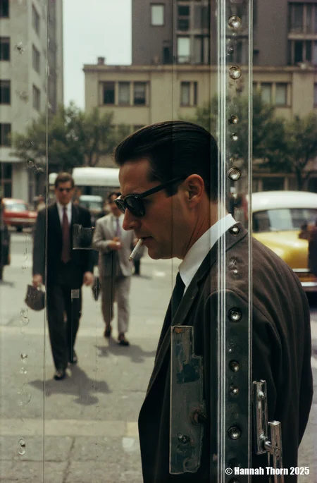 The picture is a street photograph taken through a reflective glass surface. It depicts a man in profile, seemingly smoking a cigarette, with his face partially obscured by shadow and the reflection. His dark hair is slicked back and he appears to be wearing sunglasses and a suit jacket.  The reflection overlaps and interacts with the image of the man, creating a layered, almost ghostly effect.    In the background, blurred and also seen through the glass, are other figures walking, one of which seems to be wearing a lighter-colored suit.  A part of a vehicle can be glimpsed as well, adding to the urban setting. The background buildings have a modernist, possibly mid-20th century architectural style, suggesting the photo might have been taken in that era.  The ground appears to be paved, possibly a sidewalk or plaza area.  The style of the photograph is reminiscent of street photography from the mid-20th century, perhaps influenced by photographers like Garry Winogrand or Lee Friedlander. It utilizes the reflection in the glass to create an abstract and ambiguous image, disrupting the clear depiction of the subject.  The focus is not solely on the man smoking, but also on the interplay of light, shadow, and reflection. The colors are muted and somewhat desaturated, leaning towards a greenish-grey tone, which contributes to the vintage aesthetic. The slight grain or texture visible in the image also suggests it might be a film photograph, further enhancing the retro feel. The composition is somewhat off-center, placing the man slightly to the left, with the reflections occupying the right portion of the frame.  This asymmetry, coupled with the fragmented nature of the reflections, creates a dynamic and intriguing image. <lora:_Flux\Saul_Leiter_Streetphotography.safetensors:1.0:1.0>