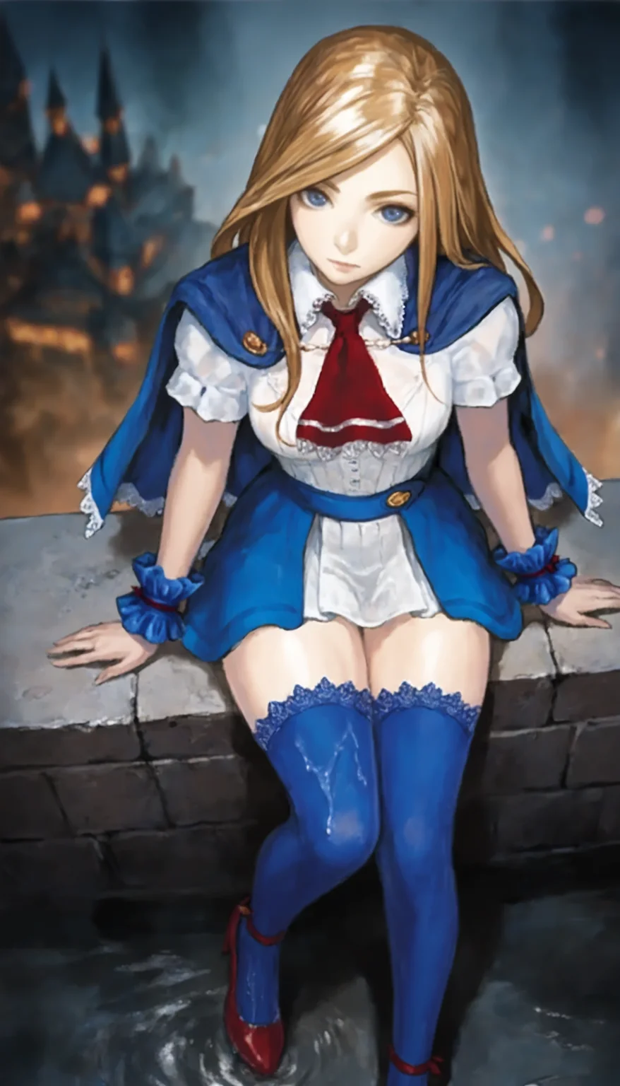 masterpiece,best quality,amazing quality,
<lora:charlotteAullinNAI:1>,charlotteaulin,
1girl,solo,
brown hair,long hair,
blue eyes,looking at viewer,
blue cape with white lace trim,white dress,white lace trim collar,red tie with white lace trim,short puffed sleeves,blue wrist cuffs,
blue lace thigh socks,red heels,
wet,dripping,
sitting,from above,
blurry background,depth of field,vignetting,light particles,
outdoors,castle,night,(fog:1.1),street,rain,