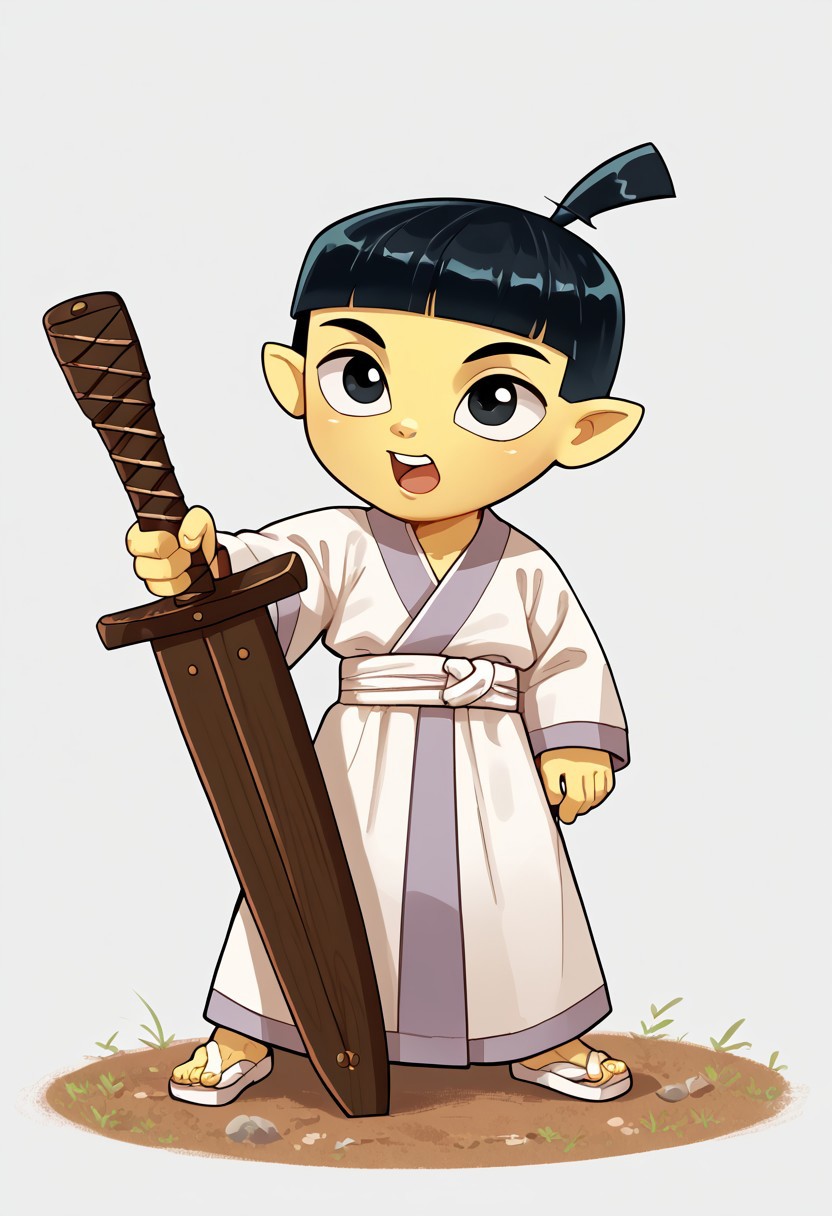 score_9, score_8_up, score_7_up, highly detailed, CuteCartoonStyle, cute, Score_9, Score_8_up, Score_7_up   <lora:Young Samurai Jack:1>,youngjack, fair skin, topknot, short black hair, black eyes, male, weapon, sword, 1boy, solo, male focus, black hair, wooden sword, yellow skin, open mouth, black eyes, holding, colored skin, white kimono, full body,, front view