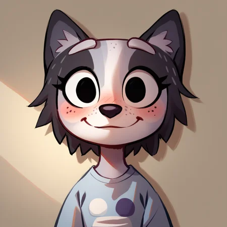 score_9, score_8_up, score_7_up, score_6_up, score_5_up, score_4_up, <lora:trixie_heeler_bluey:1> trixieh, no humans, 1girl, freckles, black eyes, upper body, blush, smile, <lora:H3wl3ttXLP:1> h3wl3tt, blank eyes