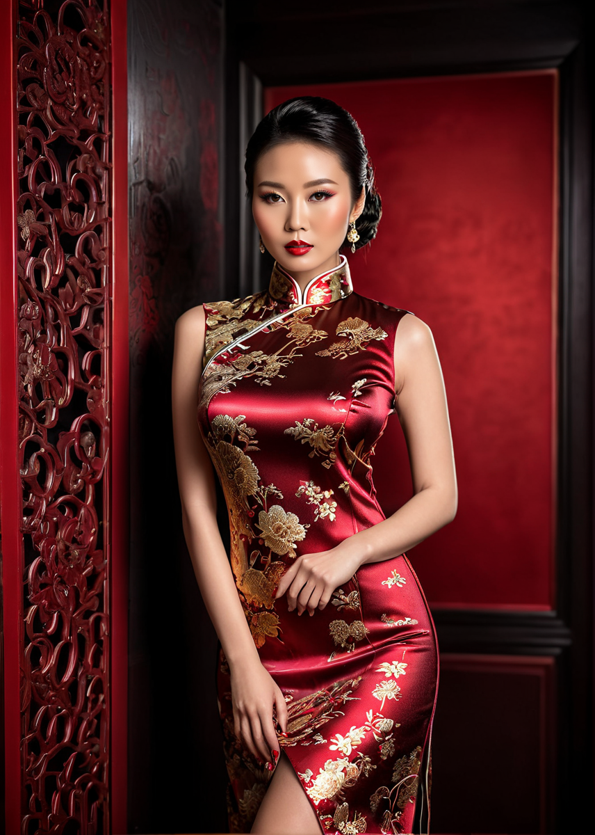 glamorous photo of A captivating masterpiece of an woman, full body, dressed in a Chinese vintage cheongsam, The use of high-shine gloss adds a touch of glamour while the deep red and black hues give it a dramatic vibe, studio lighting, look to the camera, background blurred,  <lora:MS_Aika_Yumeno_V2_SDXL:0.8>, high fashion, luxurious, extravagant, stylish, sensual, opulent, elegance, stunning beauty, professional, high contrast, detailed