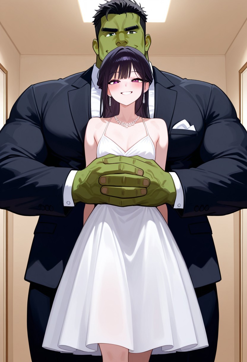 score_9,score_8_up,score_7_up, 1girl, 1boy, small sub and huge dom, size difference, 25 yo female sub hugging hulk dom, smile, elegant dress, suit, masterpiece, digital artwork, hd, looking at viewer