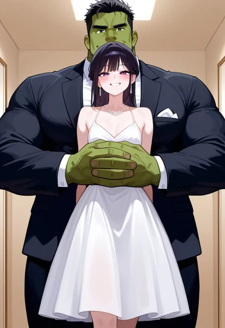 score_9,score_8_up,score_7_up, 1girl, 1boy, small sub and huge dom, size difference, 25 yo female sub hugging hulk dom, smile, elegant dress, suit, masterpiece, digital artwork, hd, looking at viewer