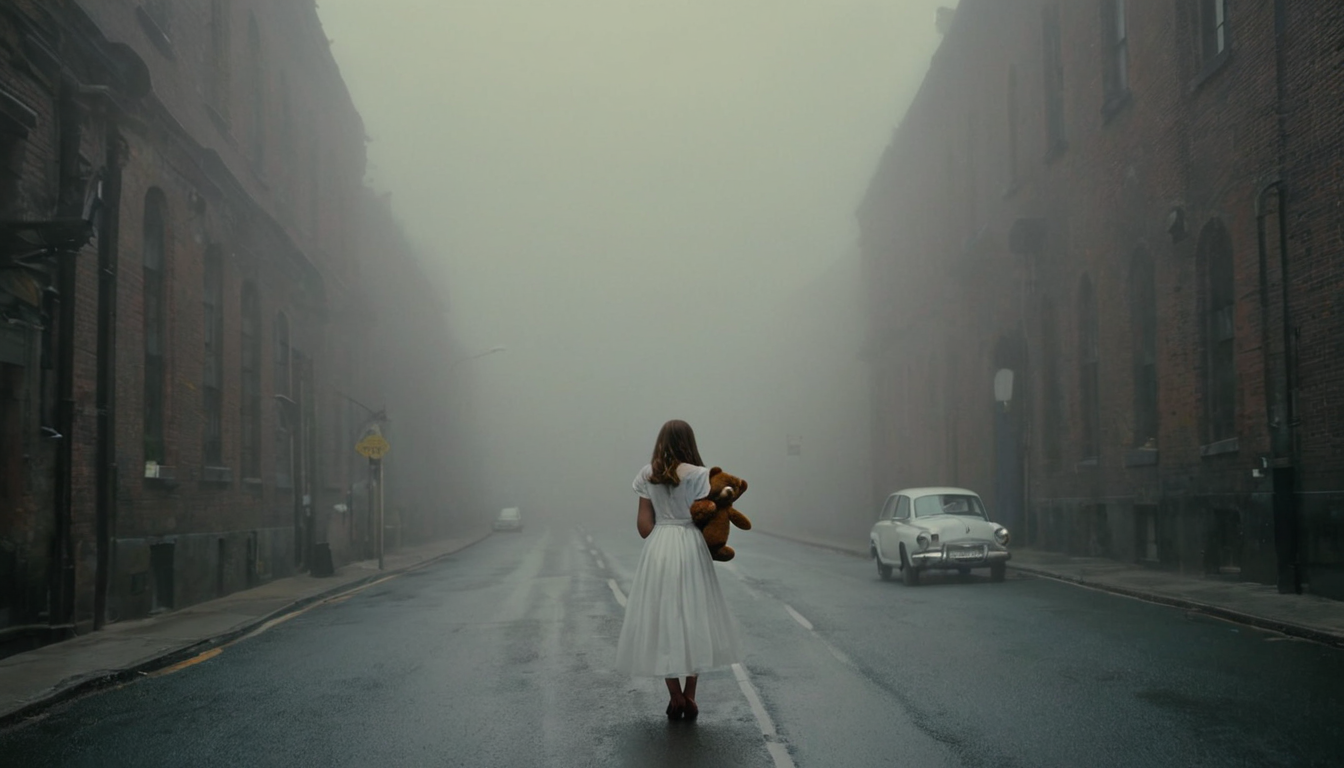 photograph fflixdcenv, road, street, scenery, original, lamppost, no humans, outdoors, building, motor vehicle, sky, car, city, alley, photoshop (medium), ((intense fog:1.3))
 <lora:fflixdcenv-000013:0.7>)
1girl, 20 years old, wearing a white dress while she holds a toy bear on her arms, spooky, horror, 50mm . cinematic 4k epic detailed 4k epic detailed photograph shot on kodak detailed cinematic hbo dark moody, 35mm photo, grainy, vignette, vintage, Kodachrome, Lomography, stained, highly detailed, found footage