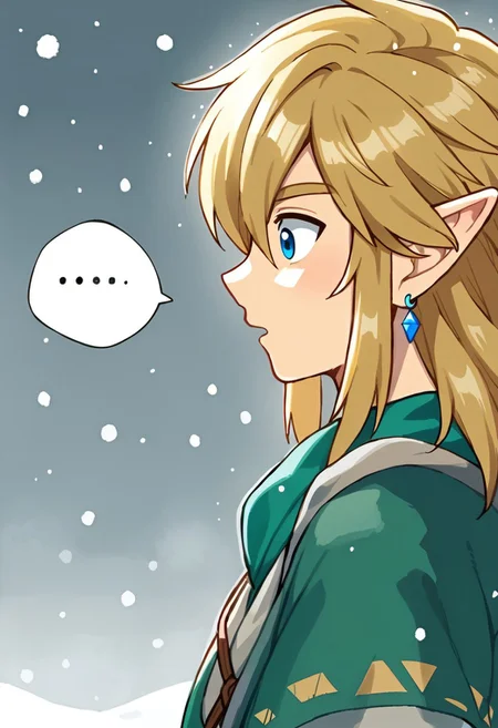 link, blonde hair, long hair, loose hair, earrings, blue eyes, looking down, surprised expression, spoken ellipses, obstructed mouth, oversized scarf, oversized coat, male focus, solo, side view, snow, snowing, verybadimagenegative_v1.3