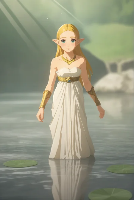 score_9, score_8_up, score_7_up, score_6_up, score_5_up, score_4_up, BREAK source_anime, 1girl, solo,
<lora:ZeldaXL-v2-07:0.8>, ChopioZelda, blonde hair, aqua eyes, pointy ears, looking at viewer, 
medium breasts, 
long hair,
outfit_2, white dress, strapless dress, bare shoulders, necklace, gold chest belt, triforce, gold bracer, full body, 
nature, lake, soaking feet, light smile, blush, light rays,