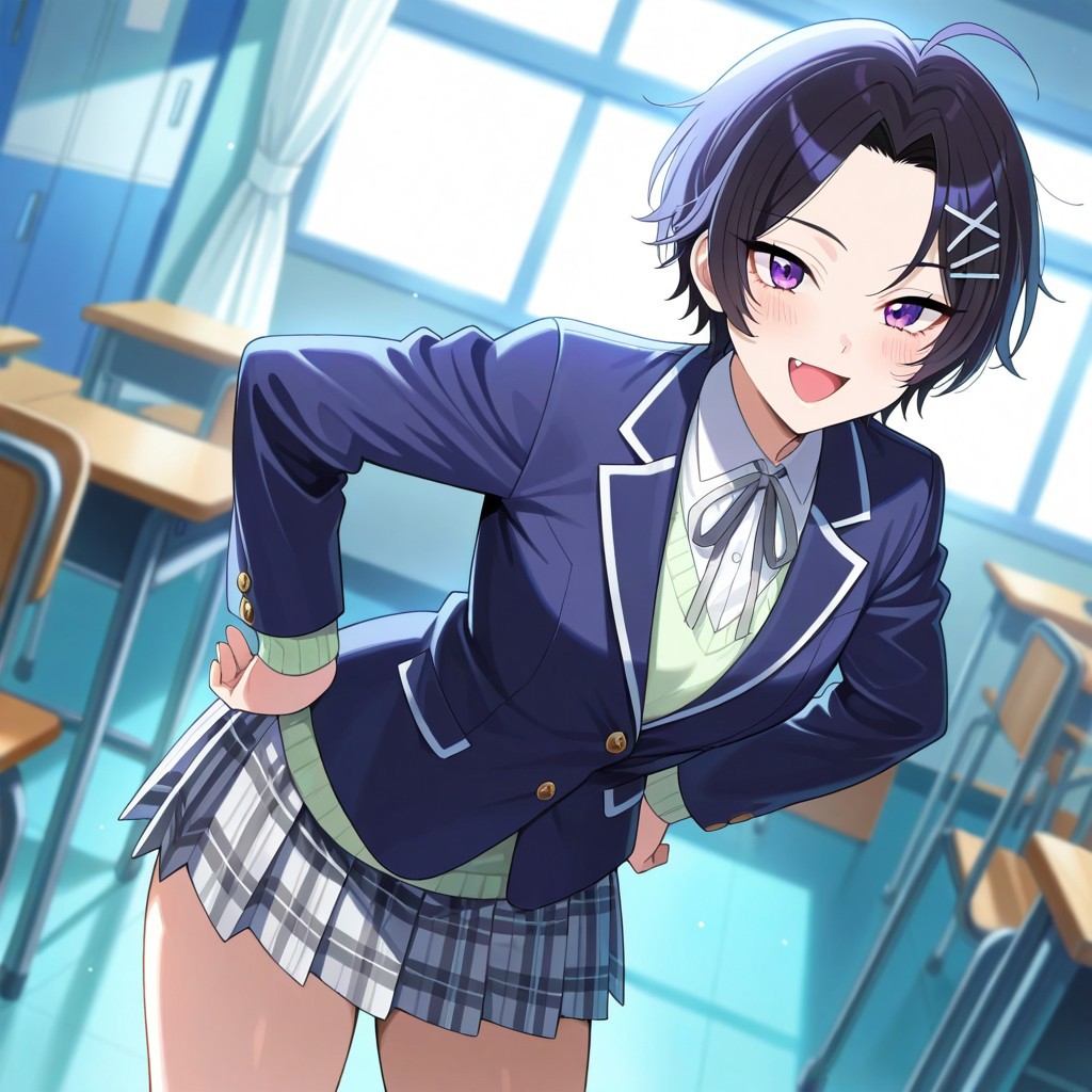 anime screencap, masterpiece, best quality,
<lora:YahariOreNoSeishunLoveComedy_HikigayaKomachi_IlluXL:0.9>,
1girl, solo, open mouth, smile, blush, happy, fang,
short hair, black hair, ahoge, parted bangs, x hair ornament, purple eyes,
Dark blue jacket, collared shirt, silver shirt, buttons, light green sweater, neck ribbon, silver ribbon, long sleeves, Three headed Hydra embroidery,
plaid skirt, pleated skirt, multicolored skirt, blue, and silver skirt,
thighs,
hands on own hips, cowboy shot, standing, looking at viewer,
classroom, locker, window, indoors, blurry background