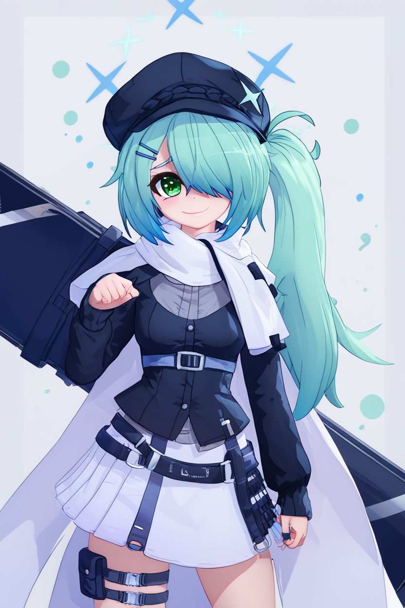 score_9, score_8_up, score_8, medium breasts, (curvy), cute, eyelashes,       BREAK, , ,,,  zzHiyori, long hair, hair over one eye, side ponytail, hairclip, hair ornament, aqua hair, green eyes, black headwear, hat, cabbie hat, long sleeves, white skirt, belt, white scarf, <lora:Hiyori_BlueArchive_PDXL_v2:0.8>,   ,,,, BREAK, smile, closed mouth, looking at viewer, cowboy shot,  ,,, embedding:zPDXL, Expressiveh, ,,, <lora:MantisStyle_PDXL_v2:0.8>, <lora:SDXLFaeTastic2400:0.5>, <lora:Expressive_H-000001:0.4>,