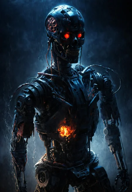 detailed background, detailed digital artwork, masterpiece, solo, red eyes, science fiction, robot, 1boy, black background, glowing, looking at viewer, humanoid robot, cyborg, metal skull, burning flesh made of bacon, Bacon Draped over exoskeleton, burning clothes, glowing eyes, male focus, cyberpunk, hydraulics, dark blue storm, burning background,high quality, dramatic lighting, detailed background, backlit, orange rimlight, rain, wet, straight-on, Terminator style