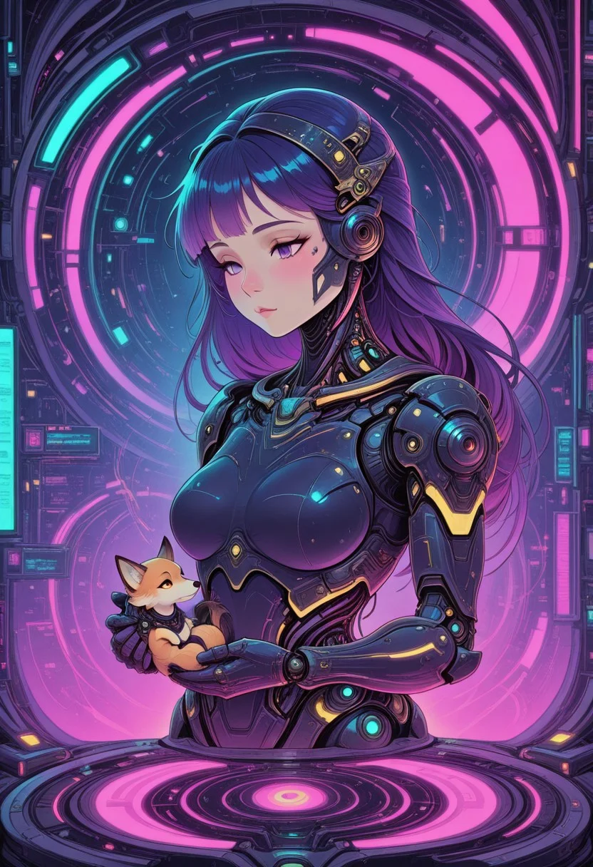 1girl, android girl, holding a robotic fox, neon circuitry, deep cyber blue and purple lighting, futuristic pet bonding, holographic interface overlay masterpiece, best quality, amazing quality, very aesthetic, absurdres, detailed eyes, newest, pinkneoncybercore, <lora:PinkieNeonCybercoreIL:1>, noveau, art noveau