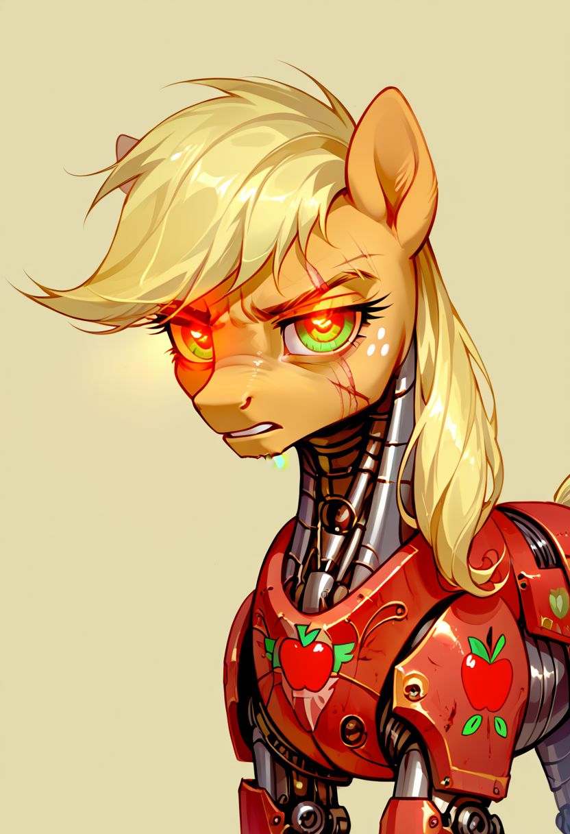 score_9, score_8_up, score_7_up, source_pony, solo, Applejack, looking at the viewer, (robotizised armor, cyborg leg, glowing eye:1.4), (feral pony:1.5), scar over one eye, tired, annoyed, tooth pick,simple background, (detailed image, high resolution, 5k resolution:1.0), (horror art style:1.1)