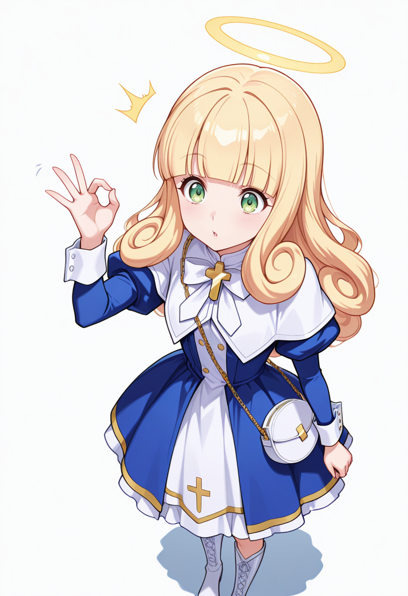 Smooth Quality,masterpiece,very intricate, high quality details, ultra realistic, high detailed skin,detailed enviorement,absurdres,
ok sign ,
 <lora:Poporon_CNR:0.8> poporon_cnr, 1girl, blonde hair, long hair,blunt bangs, green eyes, poporon_cnr_def, blue dress, long sleeves, puffy sleeves,cross,handbag, knee boots, halo,curly hair,, surprised,, simple background, white background, from above,solo,