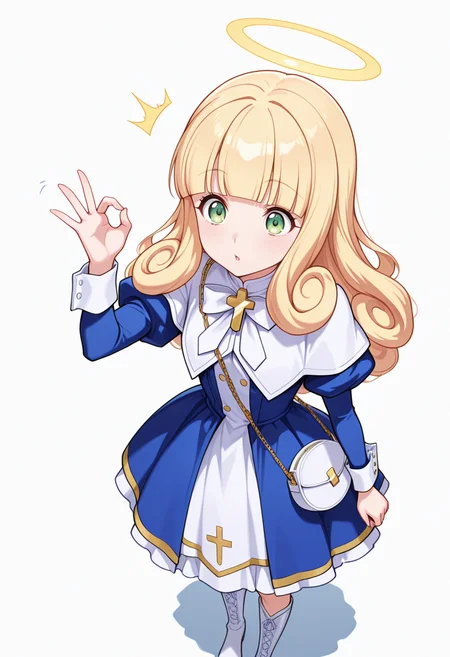 Smooth Quality,masterpiece,very intricate, high quality details, ultra realistic, high detailed skin,detailed enviorement,absurdres,
ok sign ,
<lora:Poporon_CNR:0.8> poporon_cnr, 1girl, blonde hair, long hair,blunt bangs, green eyes, poporon_cnr_def, blue dress, long sleeves, puffy sleeves,cross,handbag, knee boots, halo,curly hair,, surprised,, simple background, white background, from above,solo,