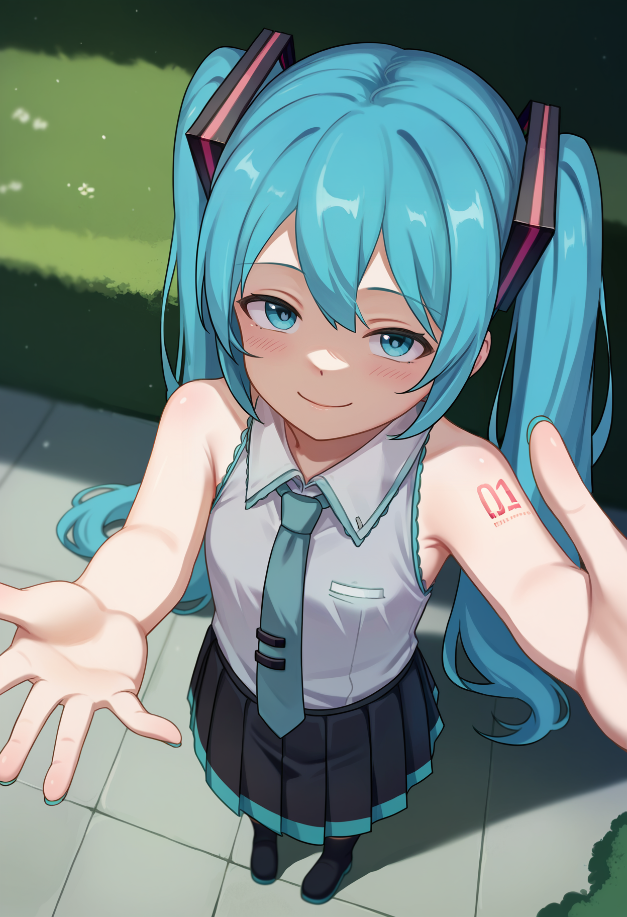 score_9, uncensored, source_anime
BREAK
1girl, standing, hatsune miku, looking at viewer, cowboy shot, white shirt, pleated skirt, long skirt, smug, half-closed eyes, outdoors, blue hair, sleeveless shirt, aerial view, fisheye, from above, outstretched arm
<lora:akifn_pony_v6:1>