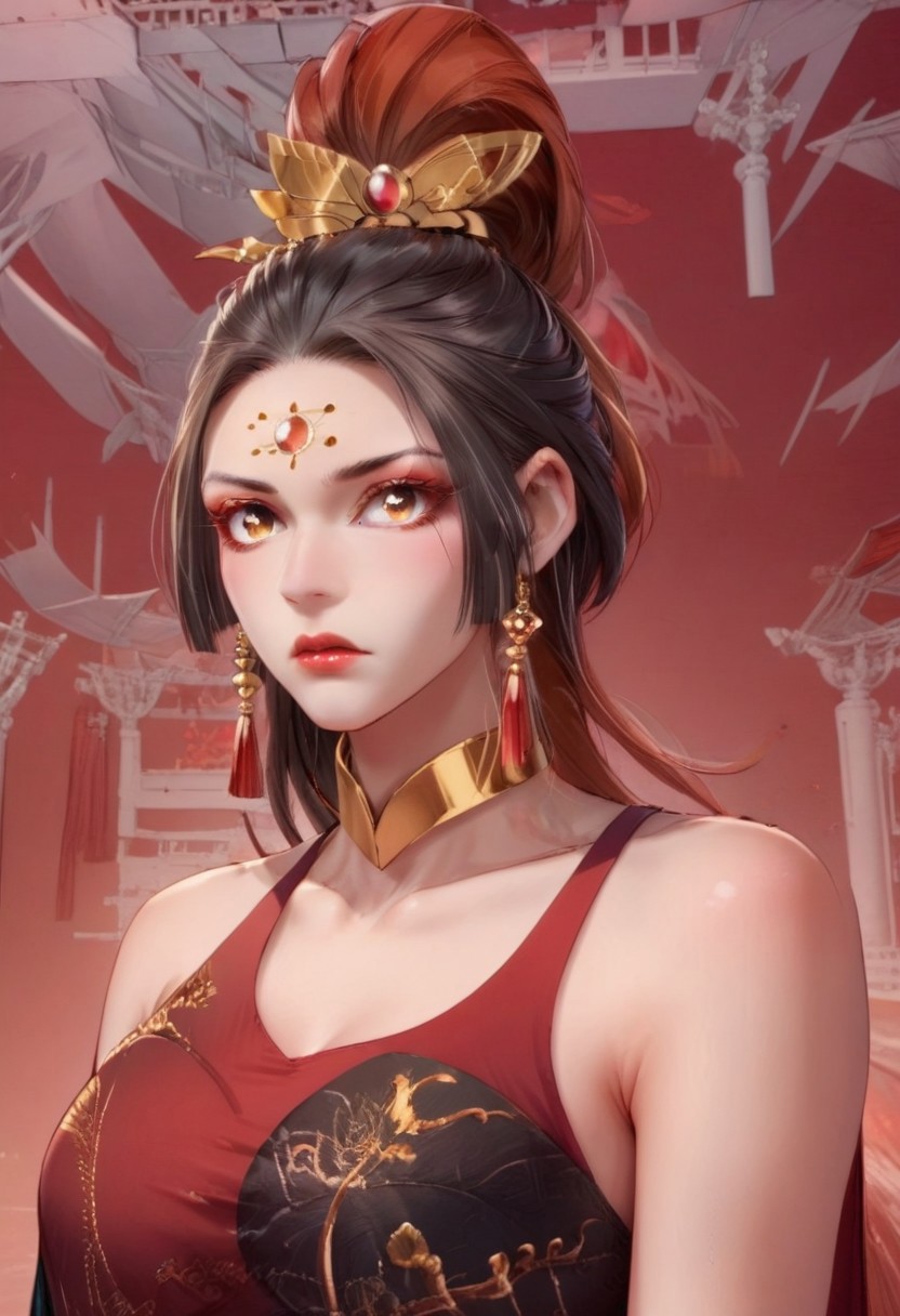realistic, red and gold accents,  high-slit,  sleeveless, arm-length black gloves with gold trim,  thigh-high black stockings with ornate golden details, golden choker necklace, red gemstone earrings, hair tied up with a silver bow accessory, wuxia and fantasy, ancient china, Peacock, detail face, detail hand