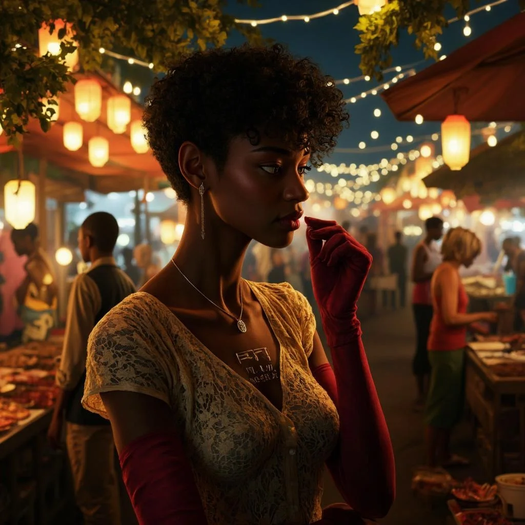 <lora:ck-LttleGhost-000011.safetensors:1> in the style of ck-lttlegh0st
In the heart of a bustling Douala night market, the air crackles with a symphony of sounds and scents. A short-haired woman, her hair a cascade of dark curls, stands under a canopy of hanging lanterns. Her presence is a striking contrast to the vibrant chaos around her. She wears a lace blouse that catches the soft glow of the lanterns, casting intricate shadows across her form. Her gloves, a deep crimson, reach to her elbows, adding a touch of elegance and mystery.
The woman's eyes, sharp and focused, reflect the determination of someone who has set her sights on a goal and will not rest until it is achieved. Her posture is both poised and poised, as if she is about to spring into action at any moment. The lanterns frame her face, casting a luminous glow that enhances her allure, making her the focal point of the market.
Around her, the market pulses with life. Vendors hawk their wares with a fierce energy, the sounds of their calls blending into a rhythmic chant. The smells of spices and grilled meats mingle with the sweet scent of flowers, creating a sensory overload that heightens the intensity of the scene. The woman, however, remains undistracted, her gaze fixed on something only she can see.
Her relentless drive is palpable, an invisible force that seems to push the very air around her. The market, with all its colors and sounds, serves as a backdrop to her unwavering focus. In this moment, everything around her is secondary to her singular pursuit of perfection.