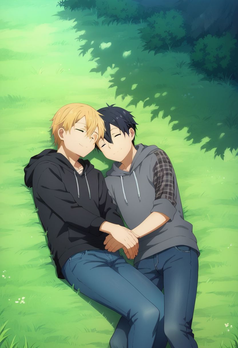 score_9, score_8_up, score_7_up, source_anime, highly detailed, 
1boy, 1boy,
Kazuto Kirigaya, SAO, black hair, black eyes,
and eugeo, green eyes,blonde hair,hair between eyes, green eyes, 
outdoor, tree, grass, lying down, tartan blanket, hoodie, jeans, socks, sleeping, embrace, smile, closed eyes, up view,