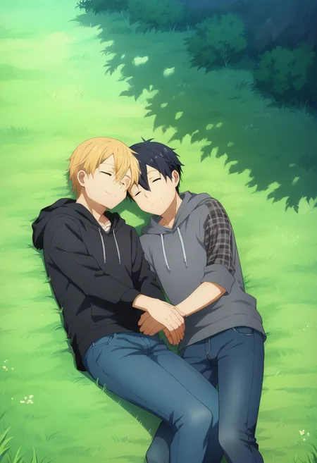 score_9, score_8_up, score_7_up, source_anime, highly detailed,
1boy, 1boy,
Kazuto Kirigaya, SAO, black hair, black eyes,
and eugeo, green eyes,blonde hair,hair between eyes, green eyes,
outdoor, tree, grass, lying down, tartan blanket, hoodie, jeans, socks, sleeping, embrace, smile, closed eyes, up view,