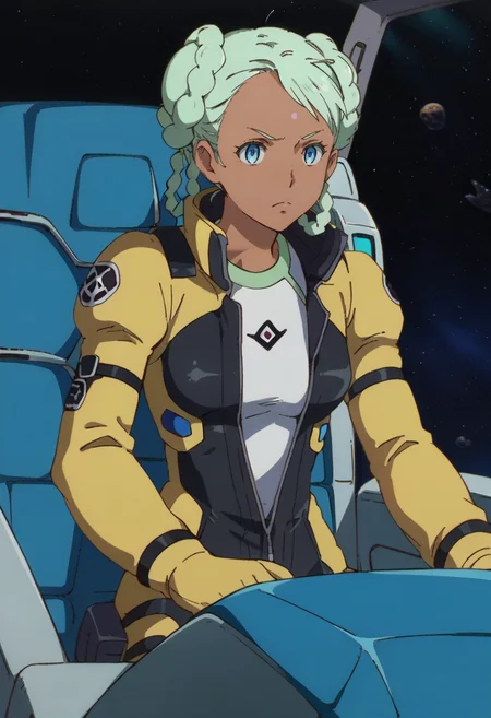 score_9,score_8_up,score_7_up,anime coloring BREAK source_anime,anime,<lora:Raraiya_Monday:0.8>,raraiya,1girl,solo,dark skin,dark-skinned female,blue eyes,forehead mark,green hair,twin braids,double bun,serious,pilot suit,cockpit,space,