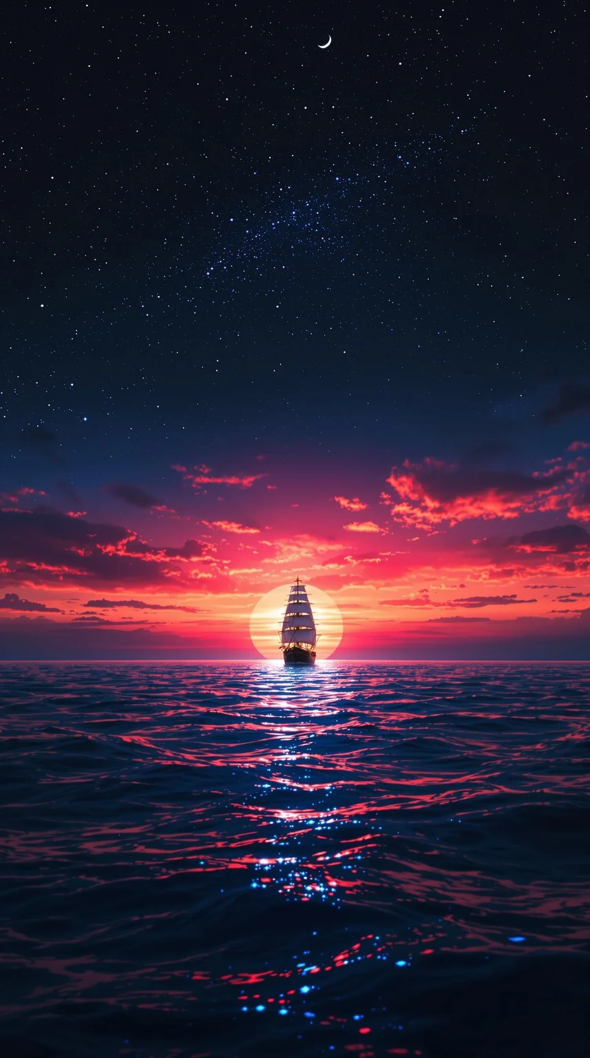 A majestic cinematic shot frames the lone ship gliding across the deep blue ocean, against the breathtaking backdrop of a fiery orange-pink sunset dissolving into inky blackness. The crescent moon casts a soft glow, illuminating the bioluminescent water's shimmer. The vast ocean and celestial sky evoke tranquility, wonder, and awe, while the solitary ship adds mystery and adventure, inviting the viewer to embark on a fantastical journey across the starry sea.