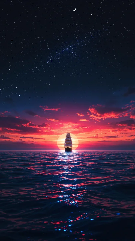 A majestic cinematic shot frames the lone ship gliding across the deep blue ocean, against the breathtaking backdrop of a fiery orange-pink sunset dissolving into inky blackness. The crescent moon casts a soft glow, illuminating the bioluminescent water's shimmer. The vast ocean and celestial sky evoke tranquility, wonder, and awe, while the solitary ship adds mystery and adventure, inviting the viewer to embark on a fantastical journey across the starry sea.