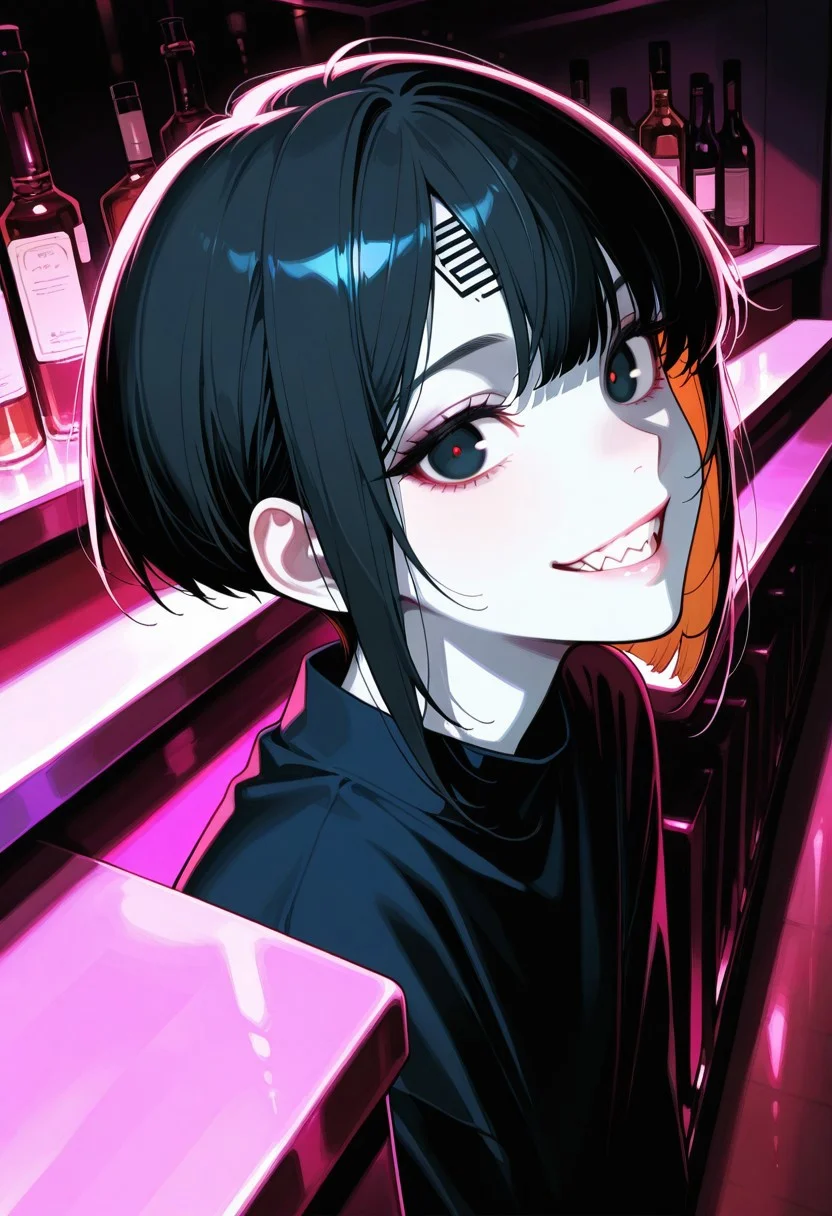 art-style, masterpiece, best quality, very aesthetic, dynamic angle, different pose, bar counter, japanese bar background , full body, (high-contrast portrait), (stylized photo:1.2), pale-skinned androgynous person, soft feminine facial structure, short asymmetrical haircut, undercut on sides, black hair with long side bangs dyed dark blue, wispy bangs on forehead, expressive sharp chin, glowing pale skin, close-up, dim ambient lighting, minimal background detail, fashion editorial look, moody atmosphere, digital photography, ultra detailed, soft shadows