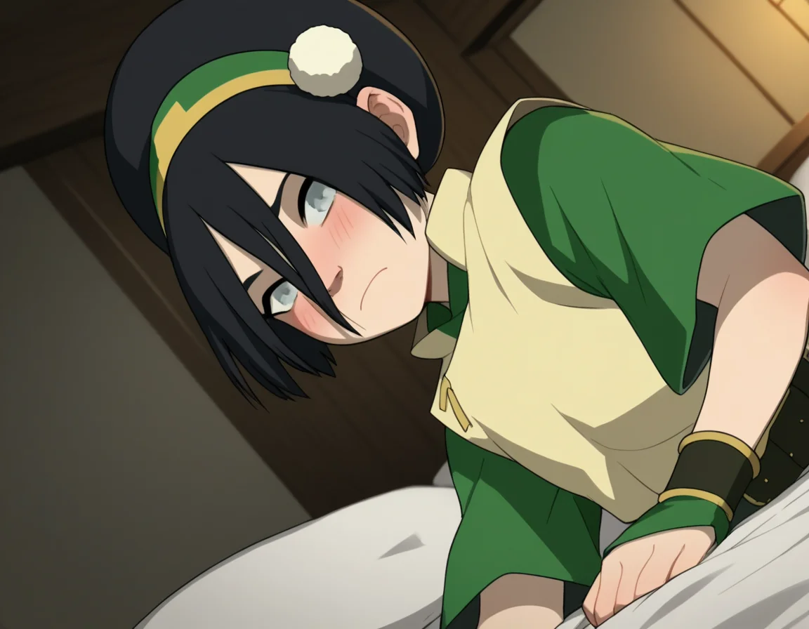score_9, score_8_up, score_7_up, source_anime, <lora:toph-beifong-book2-ponyxl-lora-nochekaiser:1>, toph beifong, black hair, hairband, blind, grey eyes, hair between eyes, short hair,, shirt, green shirt, vest, belt, short sleeves,, indoors, bed, bed room, on side, blush, drunk, looking at viewer, solo, cowboy shot, dutch angle