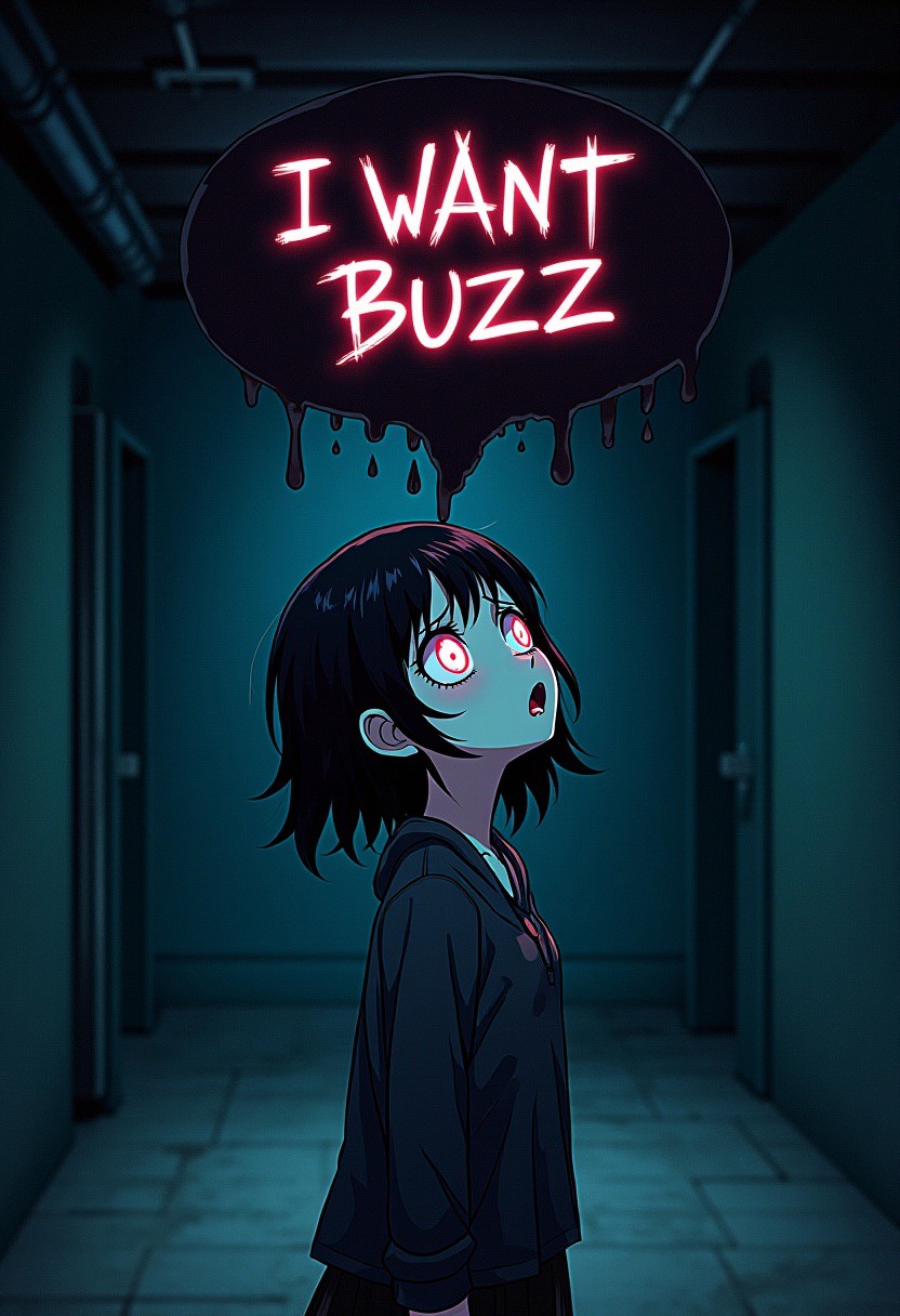 high quality anime art style, occult ritual, horror vibe, demonic possession, scared punk girl in the dark basement looking up, dark paranormal power with eyes growing from her head and forming a dark bubble with text: "I WANT BUZZ."
