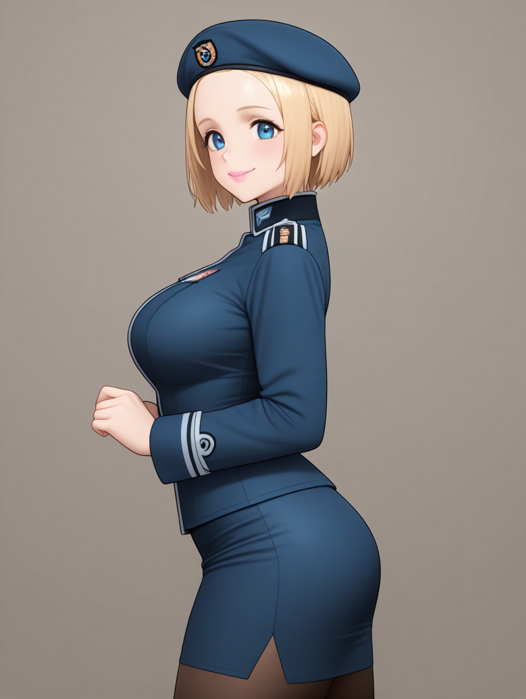 perfect quality,best quality,absolutely eye-catching,ambient occlusion,raytracing BREAK
1girl,<lora:marietta IL v2.1:0.8>,marietta,dark blonde hair,short hair,forehead,blue beret,blue military uniform,blue eyes,pencil skirt,pantyhose,long sleeves,tareme,white line,pink lips,smile,from side,