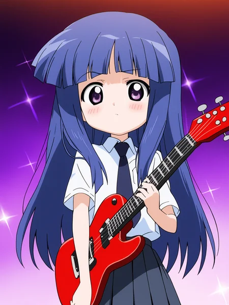 score_9, score_8_up, score_7_up, 
BREAK
source_anime, best quality, masterpiece, source_anime, anime screencap, anime coloring, <lora:0r0P00W0n0j0O0kqLPony_LoRA_V1>, 1girl, solo, furude rika, (tween:1.2), kawaii, blue hair, purple eyes, long hair, blunt bangs, bangs, skirt, guitar, necktie, shirt, blush, holding, pleated skirt, electric guitar, cropped legs, holding instrument, simple background, short sleeves, white shirt, sparkle
