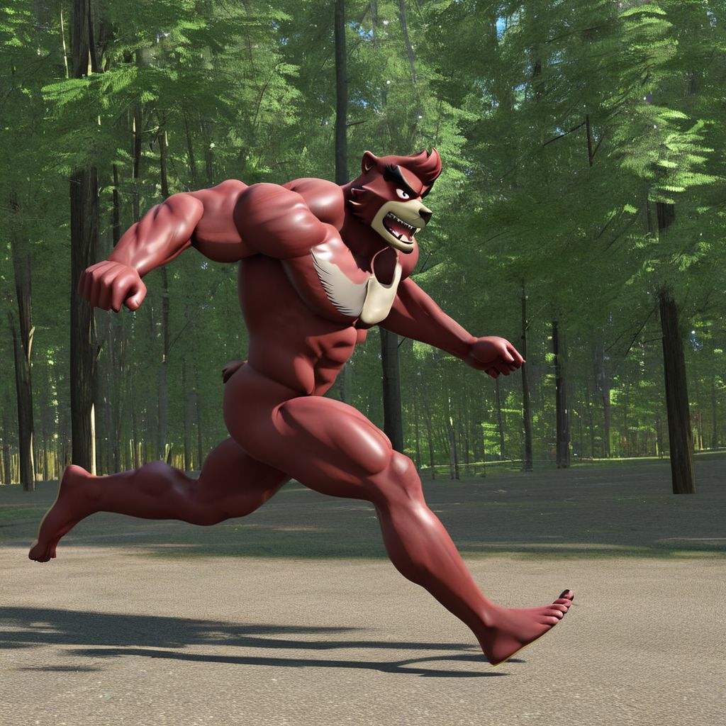 solo male, kumatetsu, anthro, bara, bear, running, forest background, high quality, 4k, super sample, super detailed, fantastic quality, fantastic art