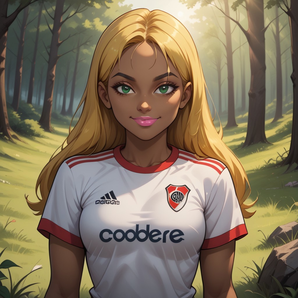 score_9, score_8, BREAK, solo, total drama, 1girl, blonde hair, long hair, (((dark skin, dark skin female))), green eyes, pink lips, lipstick, RiverPlate, striped shirt, striped, shirt, white shirt, short sleeves, clothes writing, sportswear, soccer uniform, black eyebrows, Dakota_(Total_Drama), tdroti, cute, breasts, sexy pose, self portrait, smile, looking at viewer, outdoors, sunlight, shadows, evening lighting, natural lighting, forest, trees, grass, orange sky, sunset